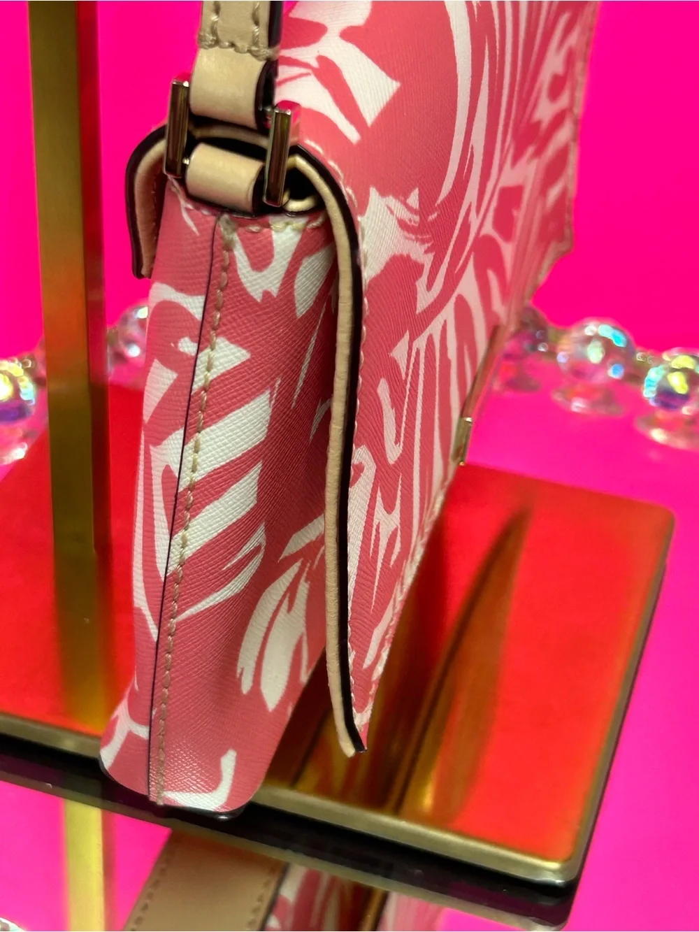 kate spade Pink and White Leaf-Print Crossbody Bag Approx. 8 x 5.5